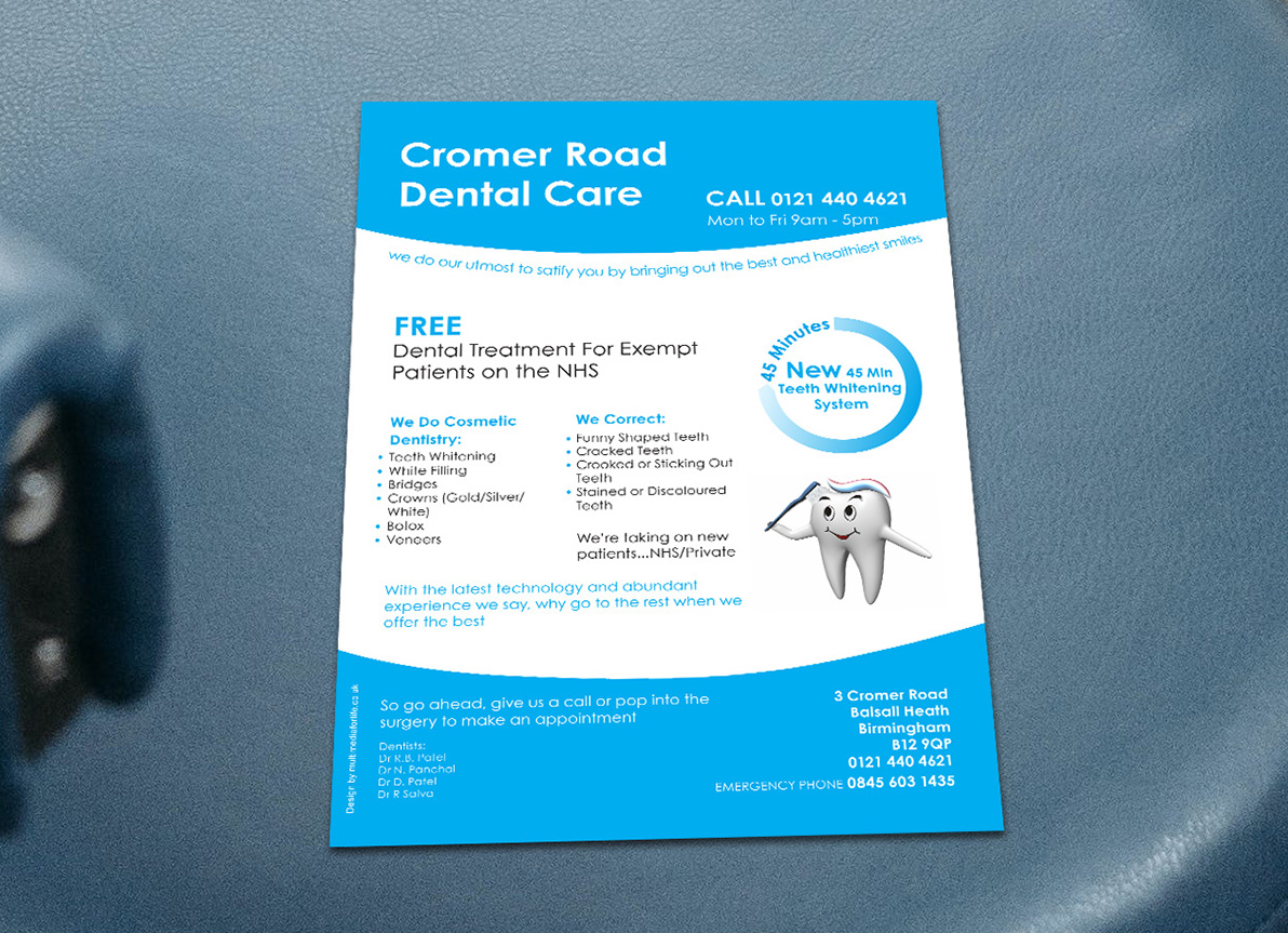 Cromer Road Dental Care Leaflet Design on dentist chair
